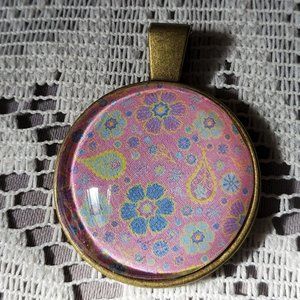 Pink Paisley Glass Cabochon Pendant - Handmade